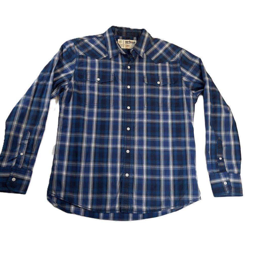 Urban Pipeline Button Shirt Men Large Blue White Grey Plaid Pocket Skater Surfer